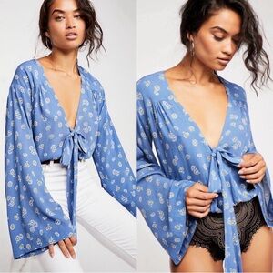 Free People Blue Floral Tie-Front Bodysuit